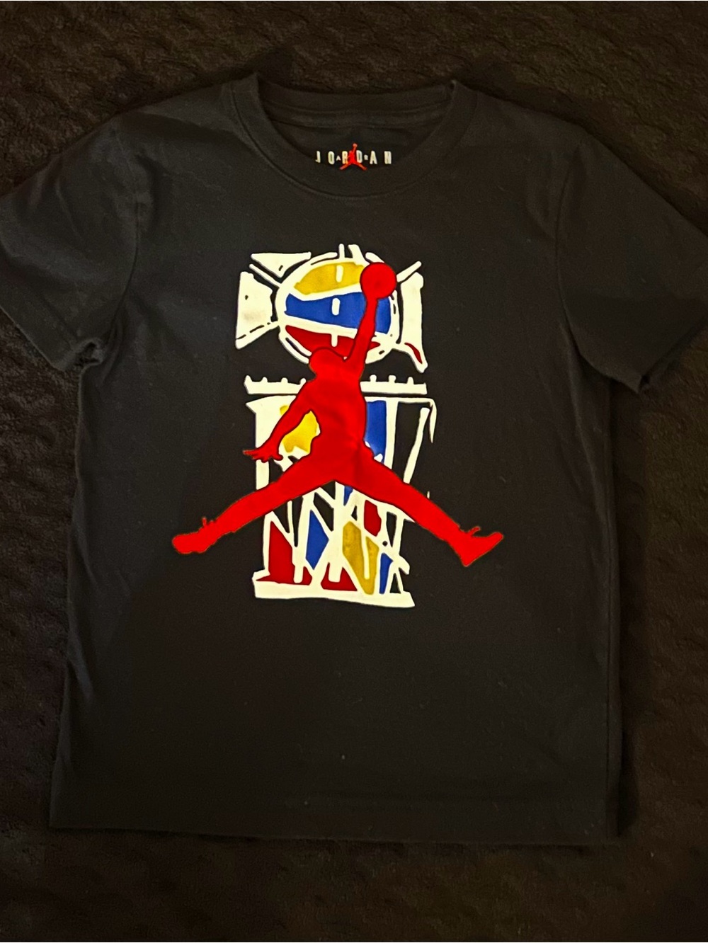 Jordan Black Tee with Red Jumpman and Multicolor Hoop Graphic